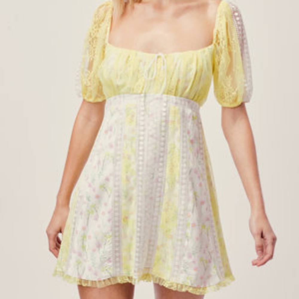 For Love And Lemons Yellow and White Mini Dress